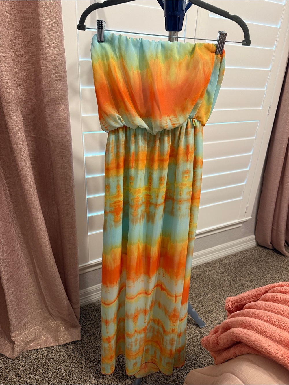 Strapless Tie-Dye Maxi Dress in Orange & Aqua